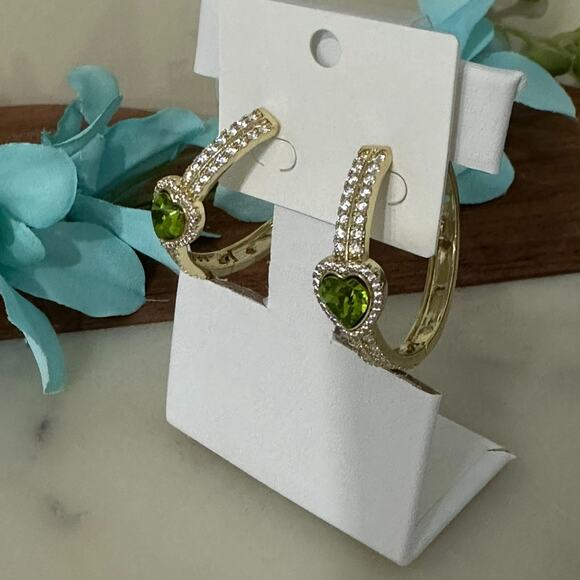 18K Gold Plated Womens Green‎ Heart Hoop Earring Oro Laminado - Picture 2 of 11